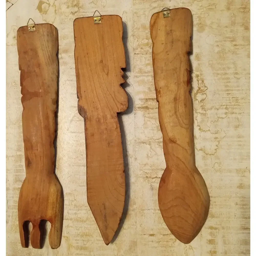 Vtg El Salvador Hand Carved Wood Spoon Fork Knife Set Wall Decor Indigenous Face